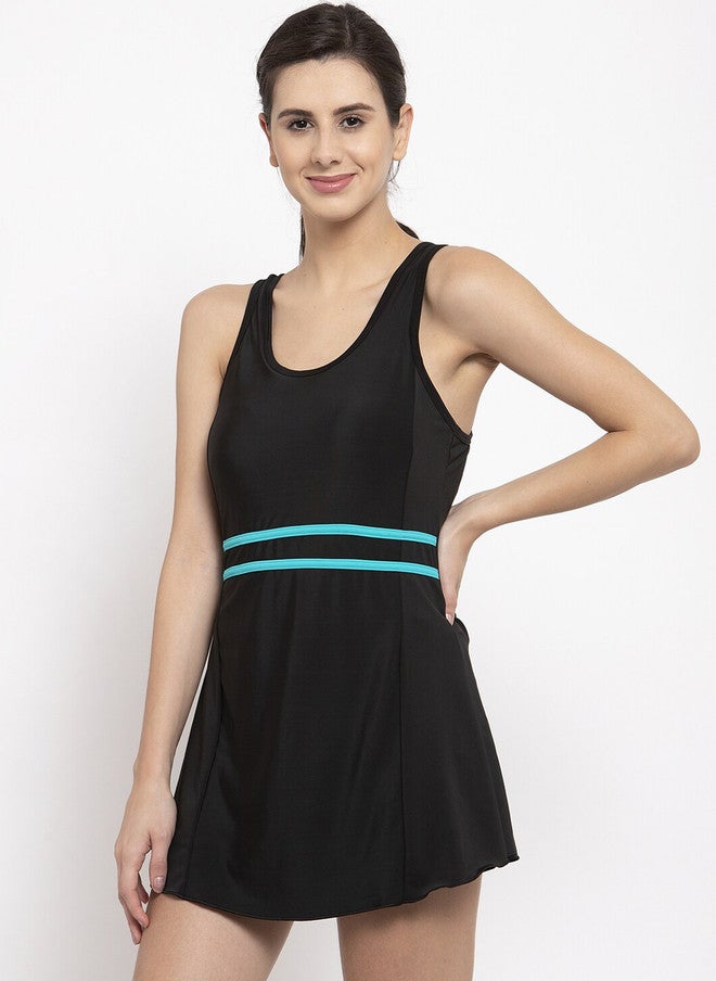 CUKOO Women Black & Blue Striped A-Line Swimdress with Attached Shorts - Image 5